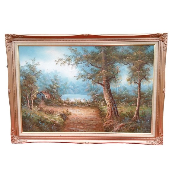 Beautiful Abstract Landscape Oil Painting Vintage Nature Scene + Frame signed